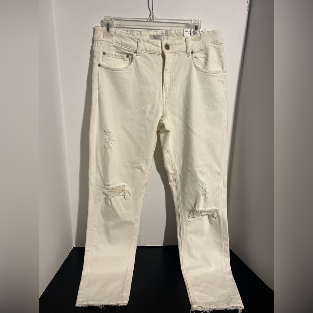 Zara The Slim Boyfriend Denim White Jeans Distressed Raw Hem Size 38